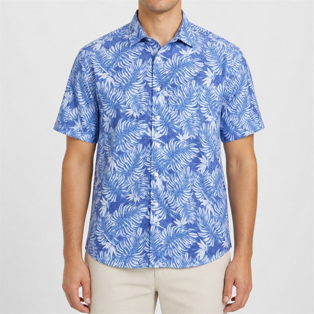 Bugatchi Uomo Shirt Mens Large Blue White Classic Fit Hawaiian Short Sleeve
